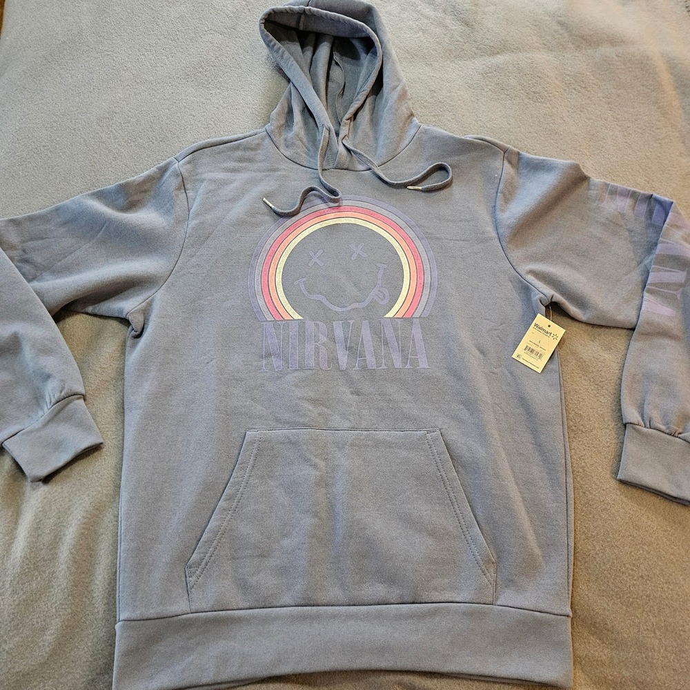 Nirvana‎ Smiley Face Rainbow Logo Hoodie Pullover Mens Size L